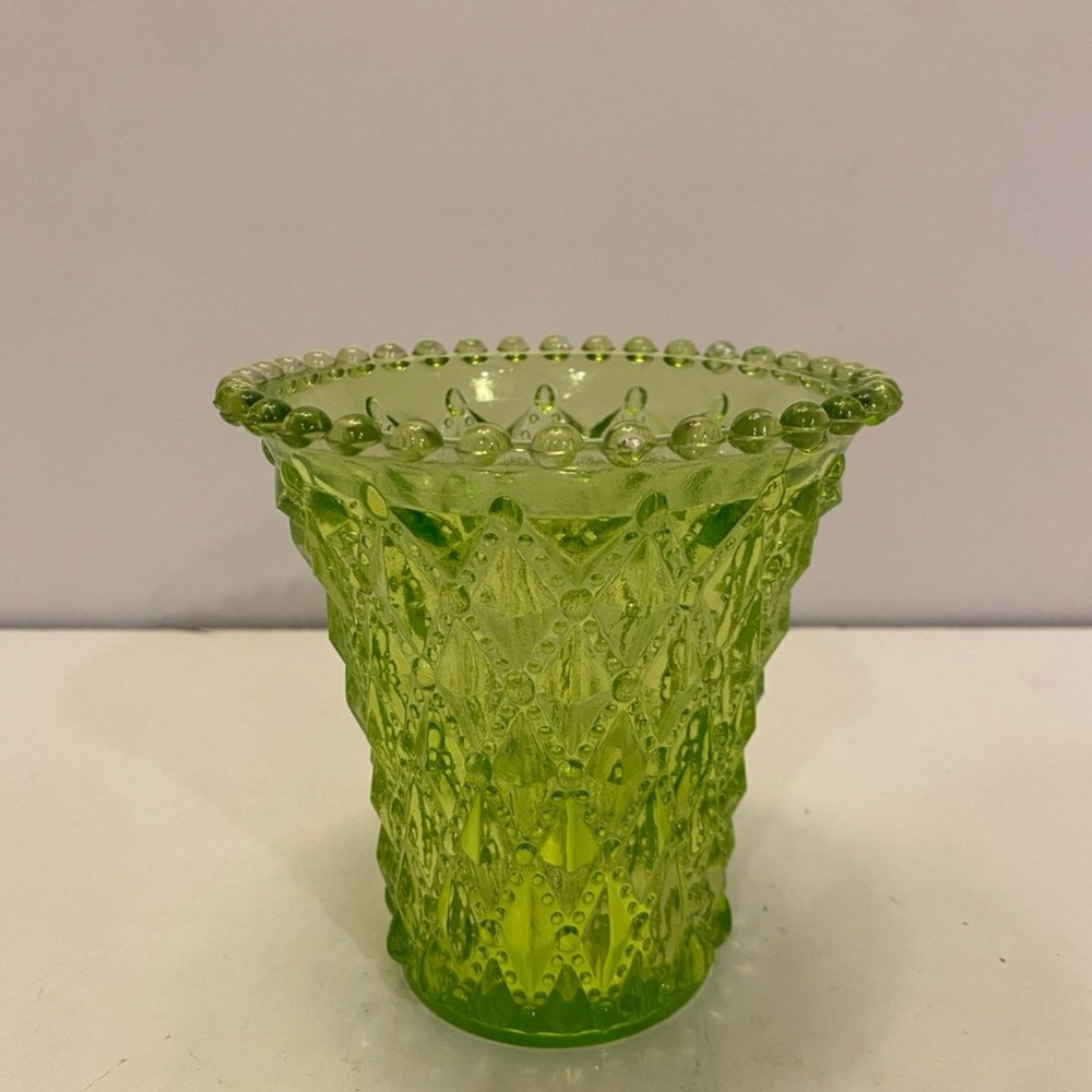 Vintage Art Glass Vase Beaded Diamond  Design Pattern Green